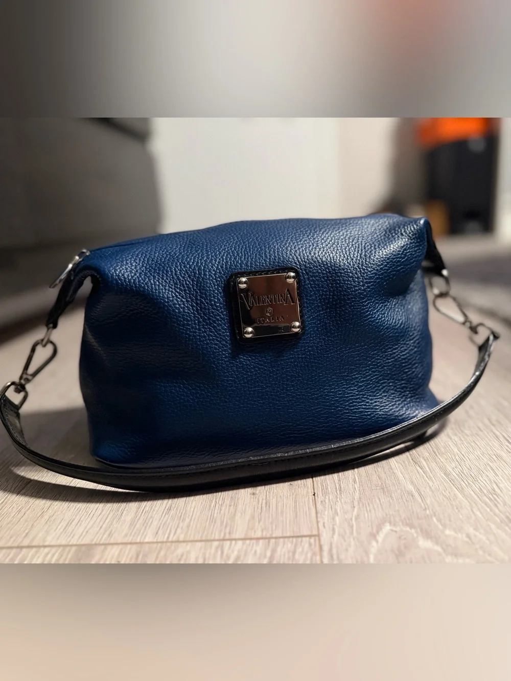 Valentina Navy Blue Pebbled Leather Crossbody with Black Strap - Picture 6 of 10